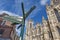 Signpost in front of York Minster, gothic cathedral and major tourist landmark of the City of York in England, UK