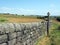 A signpost on a grass path next to a long stone wall in a landscape of fields and farms in in the yorkshire dales