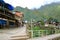 Signpost of PUENTE ENAFER Greek Bridge at Aguas Calientes town, the foothill of Machu Picchu Inca citadel, Cusco region, Peru