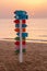 Signpost to sun rising in the east at spiaggia di castello beach in Vieste, Gargano, Apulia, Italy