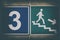 Signs `evacuation exit` with the figure of a little man and `number three`