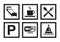 Signs, pictograms illustrating a restaurant, hotel, cafe, parking, internet, water sports