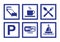 Signs, pictograms illustrating a restaurant, hotel, cafe, parking, internet, water sports