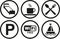 Signs, pictograms illustrating a restaurant, hotel, cafe, parking, internet, water sports