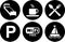 Signs, pictograms illustrating a restaurant, hotel, cafe, parking, internet, water sports