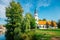 Sigulda Evangelic Lutheran Church with green trees in Sigulda, Latvia