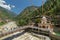 Sikhs Gurdwara Sahib, bridge over Parvati river and hot springs in Manikaran, Himachal Pradesh, Northern India.