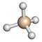 Silane SiH4 molecule. 3D rendering. Atoms are represented as spheres with conventional color coding: silicon beige, hydrogen