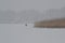 Silence By The Frozen Sea. A lone fisherman sits near a dock on the ice of a frozen bay covered with snow on a snowy cloudy day.