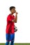 Silence. Portrait of young soccer football player isolated over white background