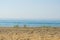 Silence seashore. Blue haze horizon view. Water blur background