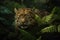 A silent sabertoothed tiger its fur blending in with the surrounding foliage.. AI generation