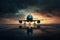 Silent Serenity: a passenger airplane sits on the runway at sunset, generative AI