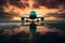 Silent Serenity: a passenger airplane sits on the runway at sunset, generative AI