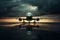 Silent Serenity: a passenger airplane sits on the runway at sunset, generative AI