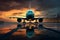 Silent Serenity: a passenger airplane sits on the runway at sunset, generative AI