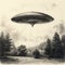 Silent Visitor: Intriguing Black and White UFO Drawing Amidst Forest