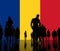 Silhoettes of people on the flag of Romania background 3d rendering