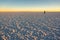 Silhouete of a man in Salar de Uyuni Uyuni salt flats at sunset, Potosi, Bolivia South America