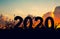 Silhouette 2020 Happy New Year of wooden number on grass with sky and cloud twilight beautiful nature background