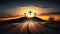 Silhouette of 3 holy crosses on wonderful sunset light