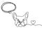 Silhouette of abstract bulldog with heart as line drawing on white