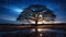 Silhouette of acacia tree against a tranquil African sunset generated by AI