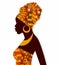 Silhouette of African girls in bright colored turban on her head in profile with earrings.