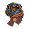 Silhouette of an Afro - American beautiful woman in a multi-colored turban, drawn in squares by pixels