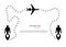 The silhouette of the aircraft flight movement, trajectory, route dotted line. Map Pin in the form of icons man, destination.