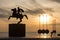 Silhouette of Alexander the Great Statue at sunrise. Thessaloniki city. Greece