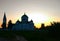silhouette of an ancient Russian Orthodox Church at sunset