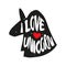 Silhouette of an animal`s head with red heart and lettering text Love Unicorn. Vector sticker