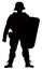 Silhouette of Anti-Riot Special Police Squad Member in Full Gear with Shield and Helmet