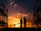 Silhouette of asian engineer and worker inspecting project at construction site background