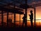 Silhouette of asian engineer and worker inspecting project at construction site background