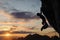 Silhouette of athletic woman climbing steep rock wall