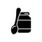 Silhouette of baby food jar with lid and spoon. Outline icon of canned food, jam, peanut butter, puree. Black illustration of