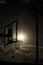 Silhouette of a basketball hoop.