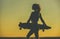 Silhouette of a beautiful, hipster girl in tattoos standing with a longboard against the sunset