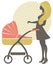 Silhouette of beautiful mother with baby carriage