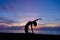 Silhouette of a beautiful woman practicing yoga asana on the beach with sunrise on twilight blue vibrant sky