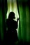 silhouette of beautiful woman standing at green curtains and loo