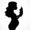Silhouette of a beautiful young pregnant woman with lush hair considers a soft toy of a piglet