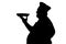 Silhouette of a big-bellied happy chef carrying a dish in pan on his hand on a white isolated background, good-natured laughing