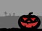 silhouette big head jack o lantern pumpkin smiling scary on hill and three cross on gray mountain background