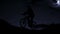 Silhouette of biker emerging on hill at night on the background of starry sky