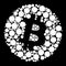 Silhouette Bitcoin BTC token symbol in circle filled with circles on black.