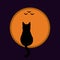 Silhouette of a black cat on a full moon with three bats, Halloween card