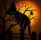 Silhouette of a Black Cat with a Witch\'s Hat Playfully Gnawing on a Pumpkin Bag, Underneath an Orange-Hued Sky